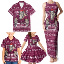 Personalized Brisbane Broncos Christmas Family Matching Tank Maxi Dress and Hawaiian Shirt Australian Rugby Fans - Pixelated Ugly Xmas Pattern Mascot Santa