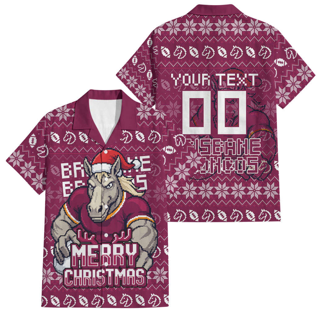 Personalized Brisbane Broncos Christmas Family Matching Tank Maxi Dress and Hawaiian Shirt Australian Rugby Fans - Pixelated Ugly Xmas Pattern Mascot Santa