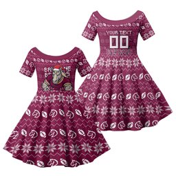 Personalized Brisbane Broncos Christmas Family Matching Summer Maxi Dress and Hawaiian Shirt Australian Rugby Fans - Pixelated Ugly Xmas Pattern Mascot Santa