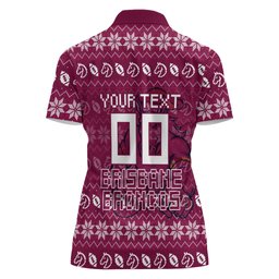 Personalized Brisbane Broncos Christmas Women Polo Shirt Australian Rugby Fans - Pixelated Ugly Xmas Pattern Mascot Santa