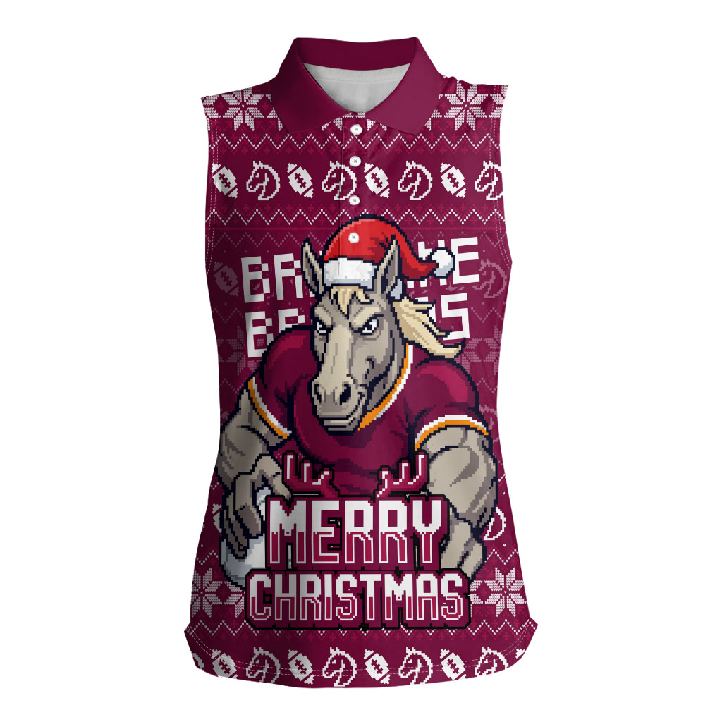 Personalized Brisbane Broncos Christmas Women Sleeveless Polo Shirt Australian Rugby Fans - Pixelated Ugly Xmas Pattern Mascot Santa