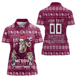 Personalized Brisbane Broncos Christmas Women Polo Shirt Australian Rugby Fans - Pixelated Ugly Xmas Pattern Mascot Santa