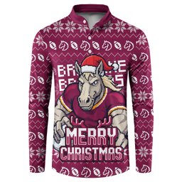 Personalized Brisbane Broncos Christmas Button Sweatshirt Australian Rugby Fans - Pixelated Ugly Xmas Pattern Mascot Santa