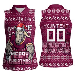 Personalized Brisbane Broncos Christmas Women Sleeveless Polo Shirt Australian Rugby Fans - Pixelated Ugly Xmas Pattern Mascot Santa