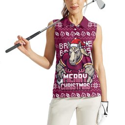 Personalized Brisbane Broncos Christmas Women Sleeveless Polo Shirt Australian Rugby Fans - Pixelated Ugly Xmas Pattern Mascot Santa