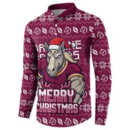 Personalized Brisbane Broncos Christmas Button Sweatshirt Australian Rugby Fans - Pixelated Ugly Xmas Pattern Mascot Santa