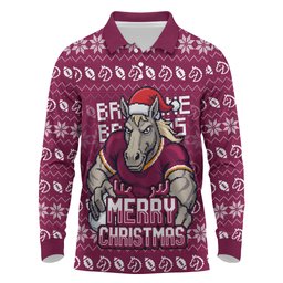 Personalized Brisbane Broncos Christmas Long Sleeve Polo Shirt Australian Rugby Fans - Pixelated Ugly Xmas Pattern Mascot Santa