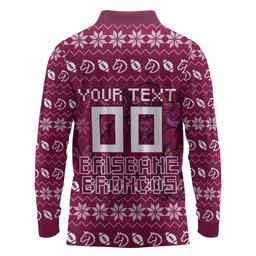Personalized Brisbane Broncos Christmas Long Sleeve Polo Shirt Australian Rugby Fans - Pixelated Ugly Xmas Pattern Mascot Santa