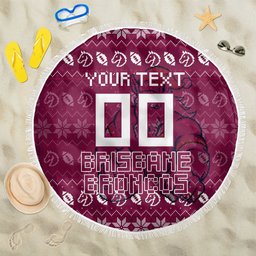 Personalized Brisbane Broncos Christmas Beach Blanket Australian Rugby Fans - Pixelated Ugly Xmas Pattern Mascot Santa