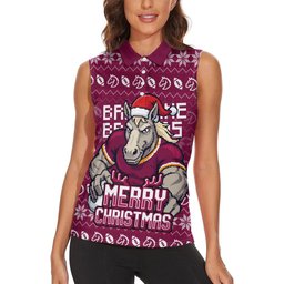 Personalized Brisbane Broncos Christmas Women Sleeveless Polo Shirt Australian Rugby Fans - Pixelated Ugly Xmas Pattern Mascot Santa