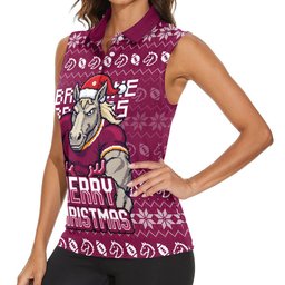 Personalized Brisbane Broncos Christmas Women Sleeveless Polo Shirt Australian Rugby Fans - Pixelated Ugly Xmas Pattern Mascot Santa