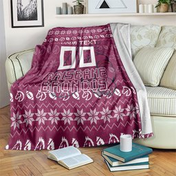 Personalized Brisbane Broncos Christmas Blanket Australian Rugby Fans - Pixelated Ugly Xmas Pattern Mascot Santa