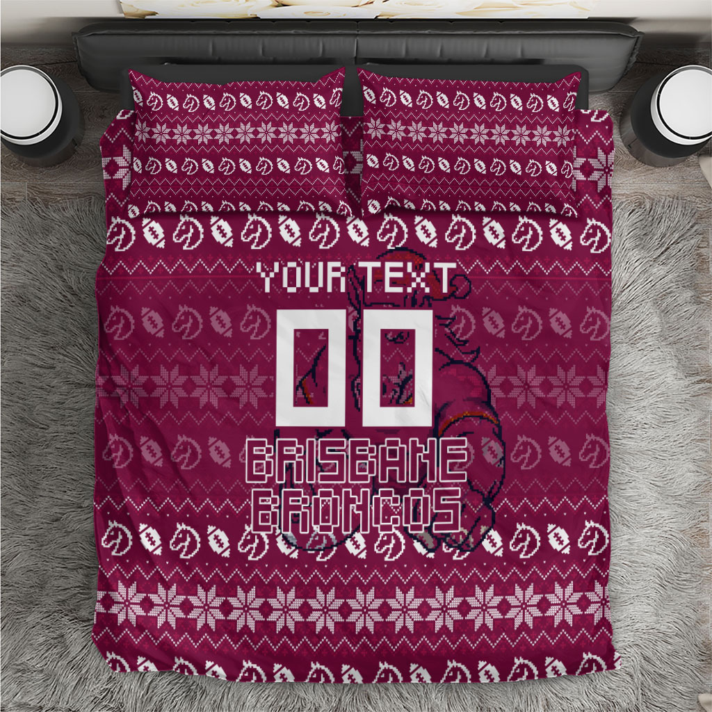 Personalized Brisbane Broncos Christmas Bedding Set Australian Rugby Fans - Pixelated Ugly Xmas Pattern Mascot Santa