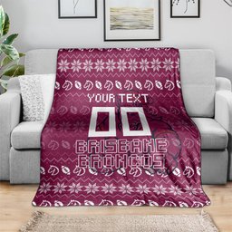 Personalized Brisbane Broncos Christmas Blanket Australian Rugby Fans - Pixelated Ugly Xmas Pattern Mascot Santa
