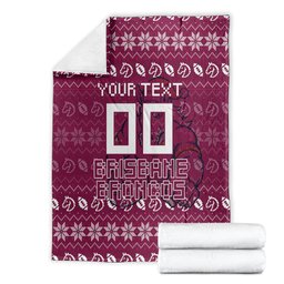 Personalized Brisbane Broncos Christmas Blanket Australian Rugby Fans - Pixelated Ugly Xmas Pattern Mascot Santa