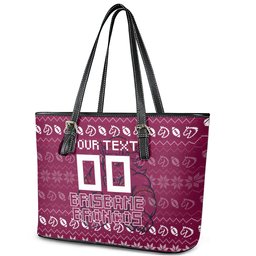 Personalized Brisbane Broncos Christmas Leather Tote Bag Australian Rugby Fans - Pixelated Ugly Xmas Pattern Mascot Santa