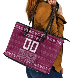 Personalized Brisbane Broncos Christmas Leather Tote Bag Australian Rugby Fans - Pixelated Ugly Xmas Pattern Mascot Santa