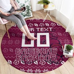 Personalized Brisbane Broncos Christmas Round Carpet Australian Rugby Fans - Pixelated Ugly Xmas Pattern Mascot Santa