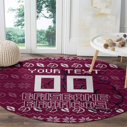 Personalized Brisbane Broncos Christmas Round Carpet Australian Rugby Fans - Pixelated Ugly Xmas Pattern Mascot Santa