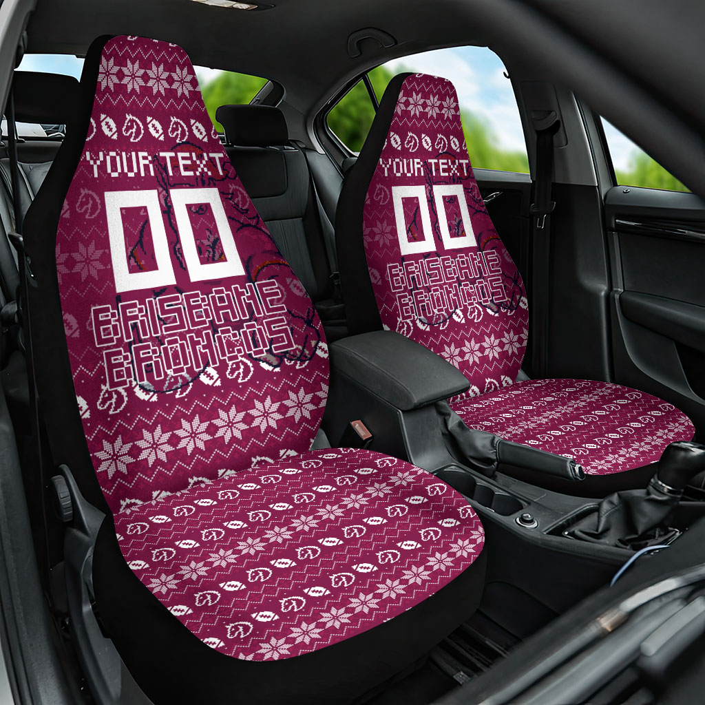 Personalized Brisbane Broncos Christmas Car Seat Cover Australian Rugby Fans - Pixelated Ugly Xmas Pattern Mascot Santa
