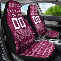 Personalized Brisbane Broncos Christmas Car Seat Cover Australian Rugby Fans - Pixelated Ugly Xmas Pattern Mascot Santa
