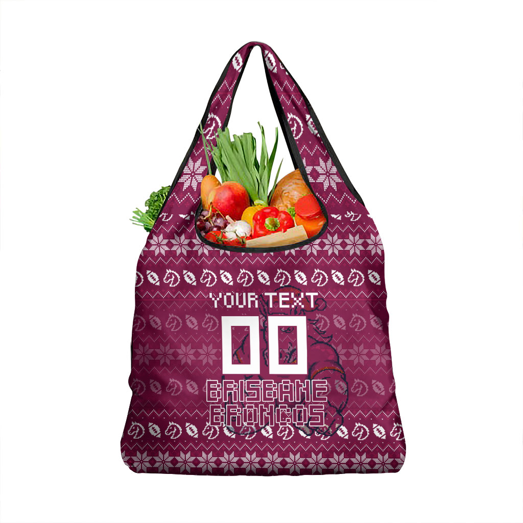 Personalized Brisbane Broncos Christmas Grocery Bag Australian Rugby Fans - Pixelated Ugly Xmas Pattern Mascot Santa