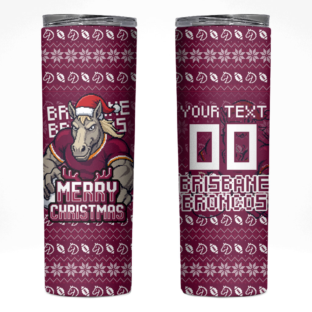 Personalized Brisbane Broncos Christmas Skinny Tumbler Australian Rugby Fans - Pixelated Ugly Xmas Pattern Mascot Santa
