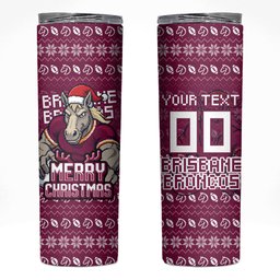 Personalized Brisbane Broncos Christmas Skinny Tumbler Australian Rugby Fans - Pixelated Ugly Xmas Pattern Mascot Santa