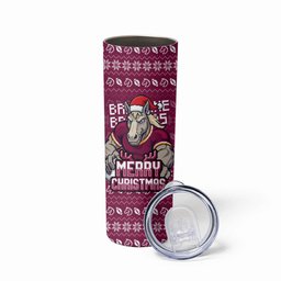 Personalized Brisbane Broncos Christmas Skinny Tumbler Australian Rugby Fans - Pixelated Ugly Xmas Pattern Mascot Santa