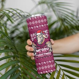 Personalized Brisbane Broncos Christmas Skinny Tumbler Australian Rugby Fans - Pixelated Ugly Xmas Pattern Mascot Santa