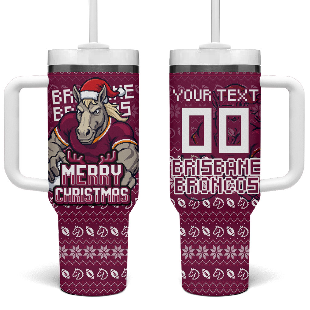 Personalized Brisbane Broncos Christmas Tumbler With Handle Australian Rugby Fans - Pixelated Ugly Xmas Pattern Mascot Santa