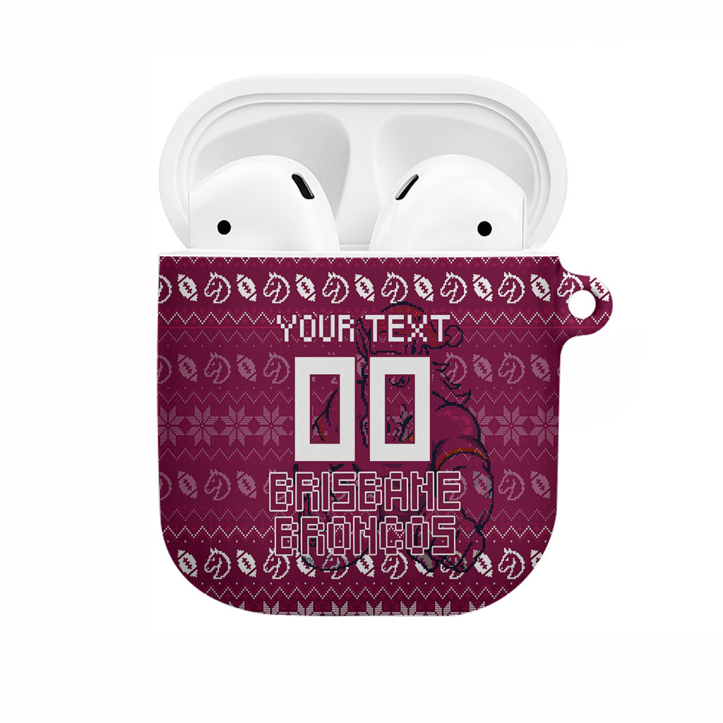 Personalized Brisbane Broncos Christmas AirPods Case Australian Rugby Fans - Pixelated Ugly Xmas Pattern Mascot Santa