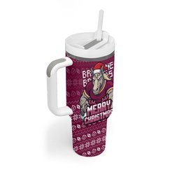 Personalized Brisbane Broncos Christmas Tumbler With Handle Australian Rugby Fans - Pixelated Ugly Xmas Pattern Mascot Santa