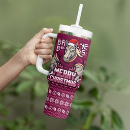 Personalized Brisbane Broncos Christmas Tumbler With Handle Australian Rugby Fans - Pixelated Ugly Xmas Pattern Mascot Santa