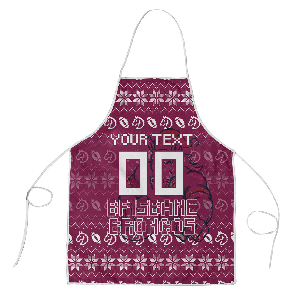 Personalized Brisbane Broncos Christmas Apron Australian Rugby Fans - Pixelated Ugly Xmas Pattern Mascot Santa
