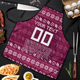 Personalized Brisbane Broncos Christmas Apron Australian Rugby Fans - Pixelated Ugly Xmas Pattern Mascot Santa