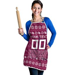 Personalized Brisbane Broncos Christmas Apron Australian Rugby Fans - Pixelated Ugly Xmas Pattern Mascot Santa