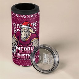 Personalized Brisbane Broncos Christmas 4 in 1 Can Cooler Tumbler Australian Rugby Fans - Pixelated Ugly Xmas Pattern Mascot Santa