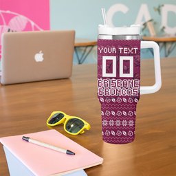 Personalized Brisbane Broncos Christmas Tumbler With Handle Australian Rugby Fans - Pixelated Ugly Xmas Pattern Mascot Santa
