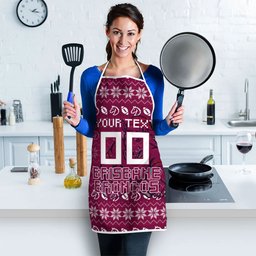Personalized Brisbane Broncos Christmas Apron Australian Rugby Fans - Pixelated Ugly Xmas Pattern Mascot Santa