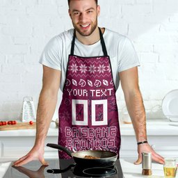 Personalized Brisbane Broncos Christmas Apron Australian Rugby Fans - Pixelated Ugly Xmas Pattern Mascot Santa