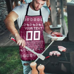 Personalized Brisbane Broncos Christmas Apron Australian Rugby Fans - Pixelated Ugly Xmas Pattern Mascot Santa