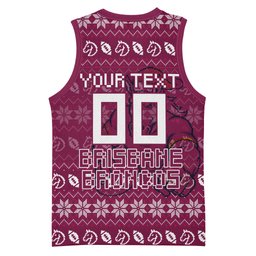 Personalized Brisbane Broncos Christmas Basketball Jersey Australian Rugby Fans - Pixelated Ugly Xmas Pattern Mascot Santa