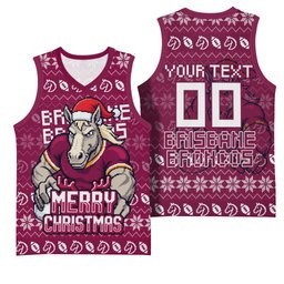 Personalized Brisbane Broncos Christmas Basketball Jersey Australian Rugby Fans - Pixelated Ugly Xmas Pattern Mascot Santa