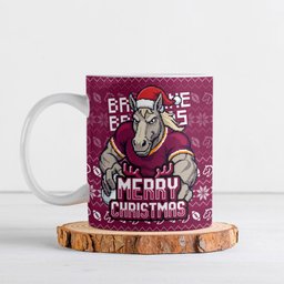 Personalized Brisbane Broncos Christmas Ceramic Mug Australian Rugby Fans - Pixelated Ugly Xmas Pattern Mascot Santa