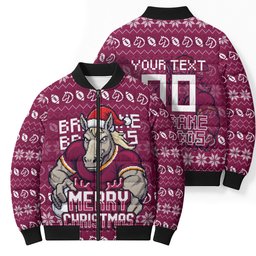 Personalized Brisbane Broncos Christmas Bomber Puffer Jacket Australian Rugby Fans - Pixelated Ugly Xmas Pattern Mascot Santa