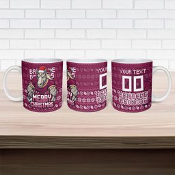 Personalized Brisbane Broncos Christmas Ceramic Mug Australian Rugby Fans - Pixelated Ugly Xmas Pattern Mascot Santa