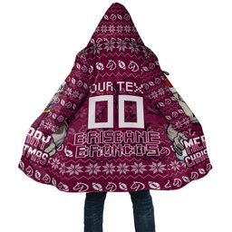 Personalized Brisbane Broncos Christmas Cloak Australian Rugby Fans - Pixelated Ugly Xmas Pattern Mascot Santa