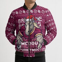Personalized Brisbane Broncos Christmas Bomber Puffer Jacket Australian Rugby Fans - Pixelated Ugly Xmas Pattern Mascot Santa