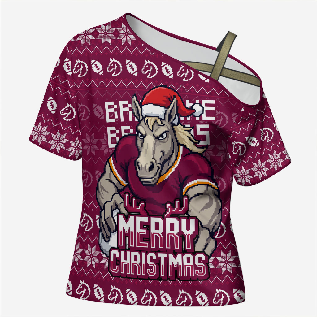 Personalized Brisbane Broncos Christmas Cross Shoulder Shirt Australian Rugby Fans - Pixelated Ugly Xmas Pattern Mascot Santa